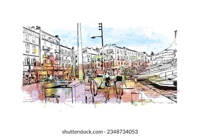La comuna de Francia es un edificio con vistas a Saint Tropez. Salto de color de agua con ilustración de esbozo dibujada a mano en vector.