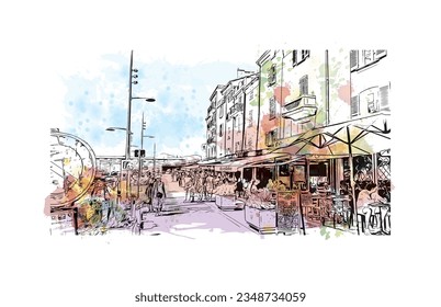 Building view with landmark of  Saint Tropez is the commune in France. Watercolor splash with hand drawn sketch illustration in vector.