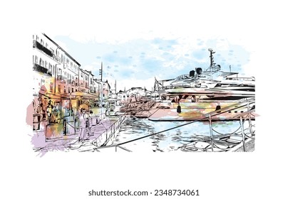 Building view with landmark of  Saint Tropez is the commune in France. Watercolor splash with hand drawn sketch illustration in vector.