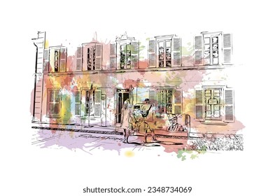 Building view with landmark of  Saint Tropez is the commune in France. Watercolor splash with hand drawn sketch illustration in vector.