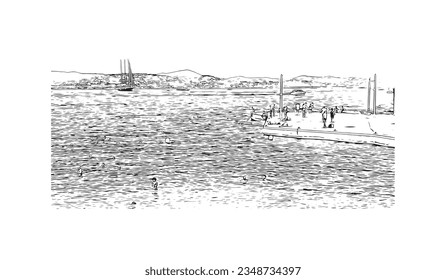 Building view with landmark of  Saint Tropez is the commune in France. Hand drawn sketch illustration in vector.