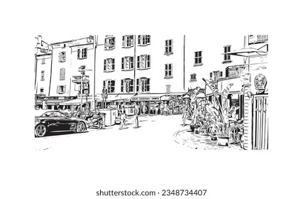 Building view with landmark of  Saint Tropez is the commune in France. Hand drawn sketch illustration in vector.
