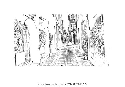 La comuna de Francia es un edificio con vistas a Saint Tropez. Dibujo a mano de ilustración de esbozo en vector.