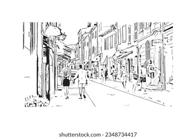 Building view with landmark of  Saint Tropez is the commune in France. Hand drawn sketch illustration in vector.