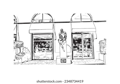 Building view with landmark of  Saint Tropez is the commune in France. Hand drawn sketch illustration in vector.