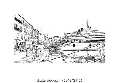 Building view with landmark of  Saint Tropez is the commune in France. Hand drawn sketch illustration in vector.