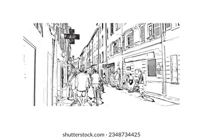 Building view with landmark of  Saint Tropez is the commune in France. Hand drawn sketch illustration in vector.
