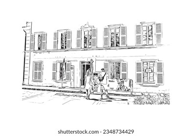 Building view with landmark of  Saint Tropez is the commune in France. Hand drawn sketch illustration in vector.