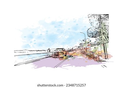 La comuna de Francia ofrece vistas al edificio con un punto de referencia de Sainte Maxime. Salto de color de agua con ilustración de esbozo dibujada a mano en vector.