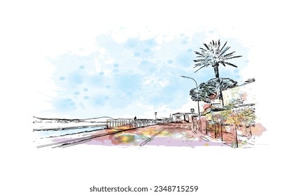 Building view with landmark of Sainte Maxime is the commune in France. Watercolor splash with hand drawn sketch illustration in vector.