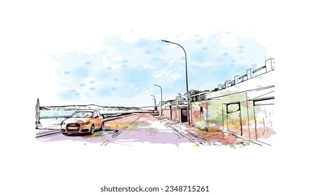 La comuna de Francia ofrece vistas al edificio con un punto de referencia de Sainte Maxime. Salto de color de agua con ilustración de esbozo dibujada a mano en vector.