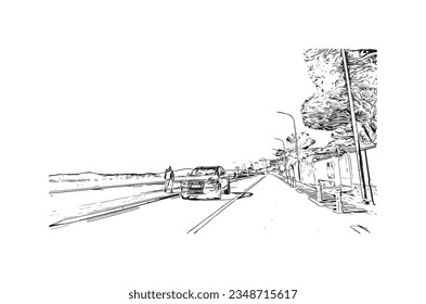 Building view with landmark of Sainte Maxime is the commune in France. Hand drawn sketch illustration in vector.