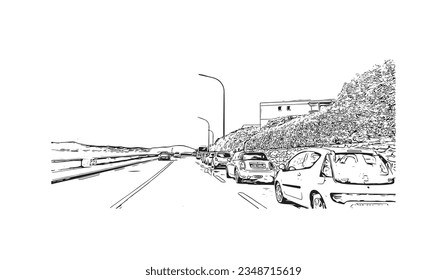 Building view with landmark of Sainte Maxime is the commune in France. Hand drawn sketch illustration in vector.