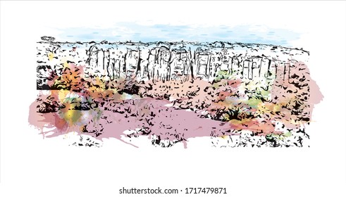 Building view with landmark of Salamanca, in northwestern Spain, is the capital of Salamanca province. Watercolor splash with Hand drawn sketch illustration in vector.