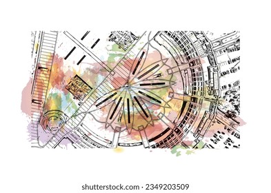 Building view with landmark of Salerno is a port city in Italy. Watercolor splash with hand drawn sketch illustration in vector.