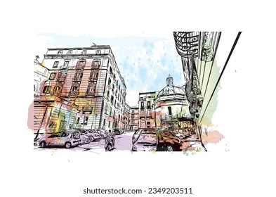 Building view with landmark of Salerno is a port city in Italy. Watercolor splash with hand drawn sketch illustration in vector.