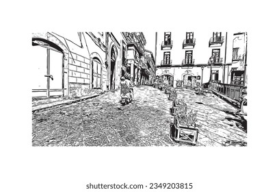 Building view with landmark of Salerno is a port city in Italy. Hand drawn sketch illustration in vector.