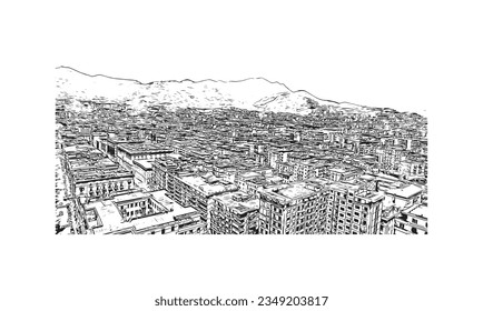Building view with landmark of Salerno is a port city in Italy. Hand drawn sketch illustration in vector.