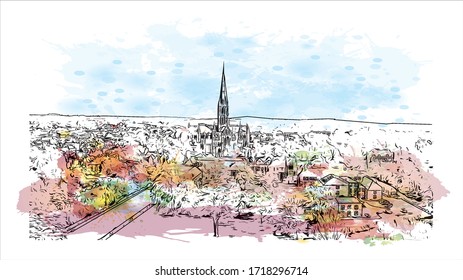 Building view with landmark of Salisbury City in Maryland. Watercolor splash with Hand drawn sketch illustration in vector. 