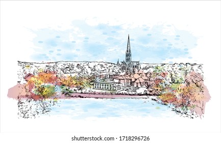 Building view with landmark of Salisbury City in Maryland. Watercolor splash with Hand drawn sketch illustration in vector. 