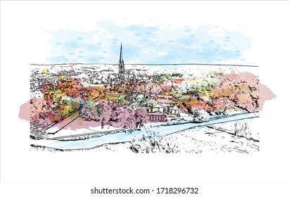 Building view with landmark of Salisbury City in Maryland. Watercolor splash with Hand drawn sketch illustration in vector. 
