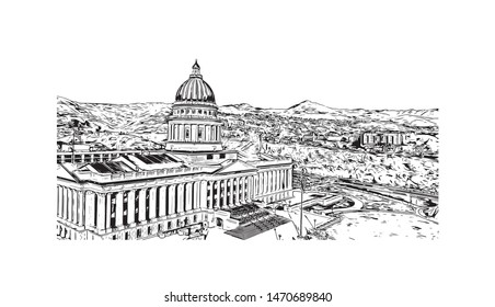 Building view with landmark of Salt Lake City is the capital and most populous municipality of the U.S. state of Utah. Hand drawn sketch illustration in vector.