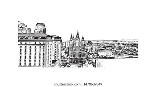Building view with landmark of Salt Lake City is the capital and most populous municipality of the U.S. state of Utah. Hand drawn sketch illustration in vector.