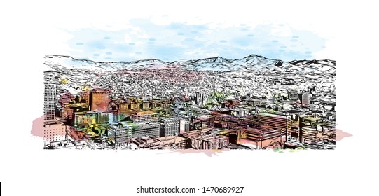 Building view with landmark of Salt Lake City is the capital and most populous municipality of the U.S. state of Utah. Watercolor splash with  Hand drawn sketch illustration in vector.