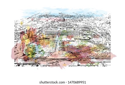 Building view with landmark of Salt Lake City is the capital and most populous municipality of the U.S. state of Utah. Watercolor splash with  Hand drawn sketch illustration in vector.