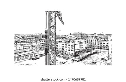 Building view with landmark of Salt Lake City is the capital and most populous municipality of the U.S. state of Utah. Hand drawn sketch illustration in vector.