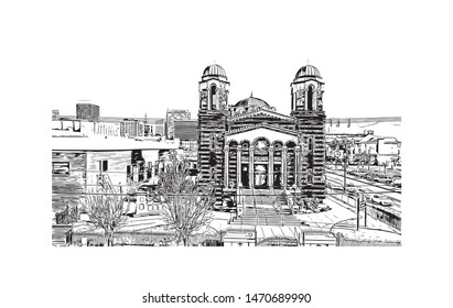 Building view with landmark of Salt Lake City is the capital and most populous municipality of the U.S. state of Utah. Hand drawn sketch illustration in vector.