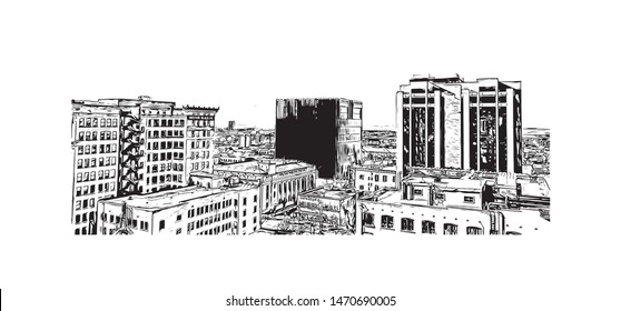 Building view with landmark of Salt Lake City is the capital and most populous municipality of the U.S. state of Utah. Hand drawn sketch illustration in vector.