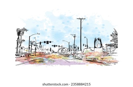 Building view with landmark of  San Bernardino is the city in California. Watercolor splash with hand drawn sketch illustration in vector.