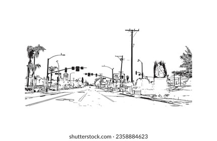 Building view with landmark of  San Bernardino is the city in California. Hand drawn sketch illustration in vector.
