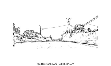 Building view with landmark of  San Bernardino is the city in California. Hand drawn sketch illustration in vector.
