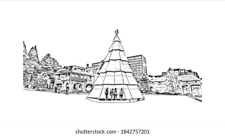 Building view with landmark of San Carlos de Bariloche is a town in Argentina. Hand drawn sketch illustration in vector.
