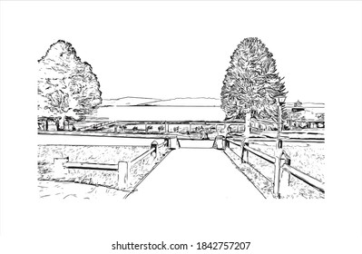 Building view with landmark of San Carlos de Bariloche is a town in Argentina. Hand drawn sketch illustration in vector.