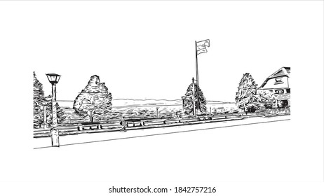 Building view with landmark of San Carlos de Bariloche is a town in Argentina. Hand drawn sketch illustration in vector.