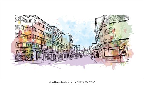 Building view with landmark of San Carlos de Bariloche is a town in Argentina. Watercolor splash with hand drawn sketch illustration in vector.