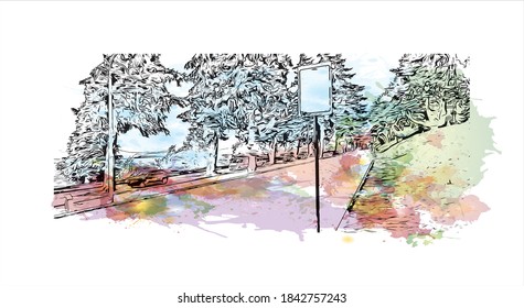 Building view with landmark of San Carlos de Bariloche is a town in Argentina. Watercolor splash with hand drawn sketch illustration in vector.
