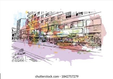 Building view with landmark of San Carlos de Bariloche is a town in Argentina. Watercolor splash with hand drawn sketch illustration in vector.