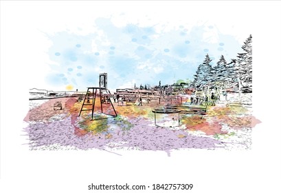 Building view with landmark of San Carlos de Bariloche is a town in Argentina. Watercolor splash with hand drawn sketch illustration in vector.