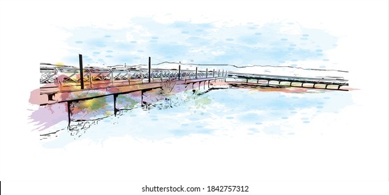 Building view with landmark of San Carlos de Bariloche is a town in Argentina. Watercolor splash with hand drawn sketch illustration in vector.