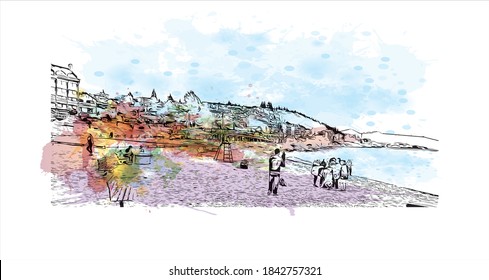 Building view with landmark of San Carlos de Bariloche is a town in Argentina. Watercolor splash with hand drawn sketch illustration in vector.
