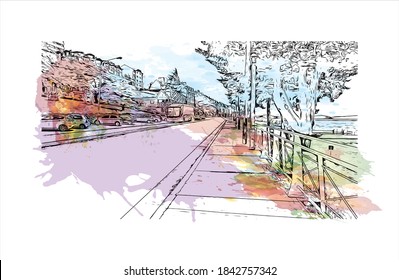 Building view with landmark of San Carlos de Bariloche is a town in Argentina. Watercolor splash with hand drawn sketch illustration in vector.