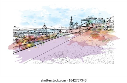 Building view with landmark of San Carlos de Bariloche is a town in Argentina. Watercolor splash with hand drawn sketch illustration in vector.