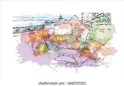 Building view with landmark of San Carlos de Bariloche is a town in Argentina. Watercolor splash with hand drawn sketch illustration in vector.
