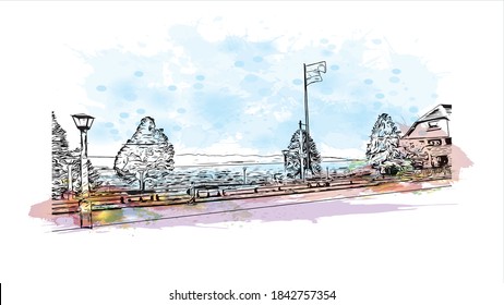 Building view with landmark of San Carlos de Bariloche is a town in Argentina. Watercolor splash with hand drawn sketch illustration in vector.