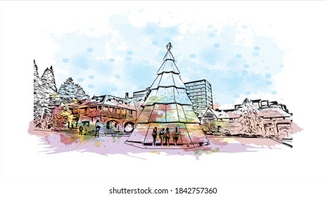 Building view with landmark of San Carlos de Bariloche is a town in Argentina. Watercolor splash with hand drawn sketch illustration in vector.