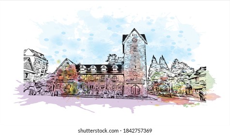 Building view with landmark of San Carlos de Bariloche is a town in Argentina. Watercolor splash with hand drawn sketch illustration in vector.